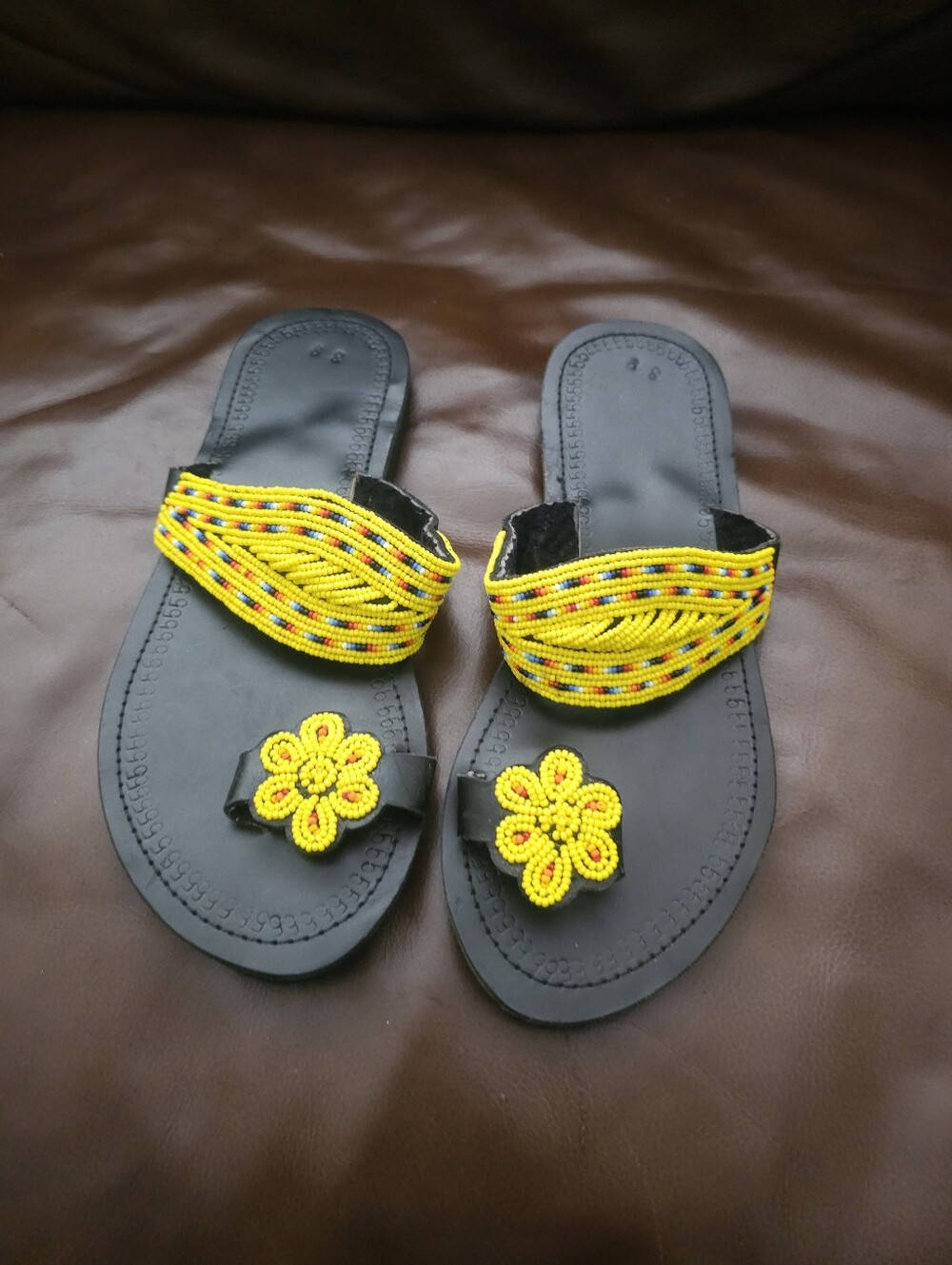 MEXICANA Black Slide Sandals with Yellow Beaded Accents